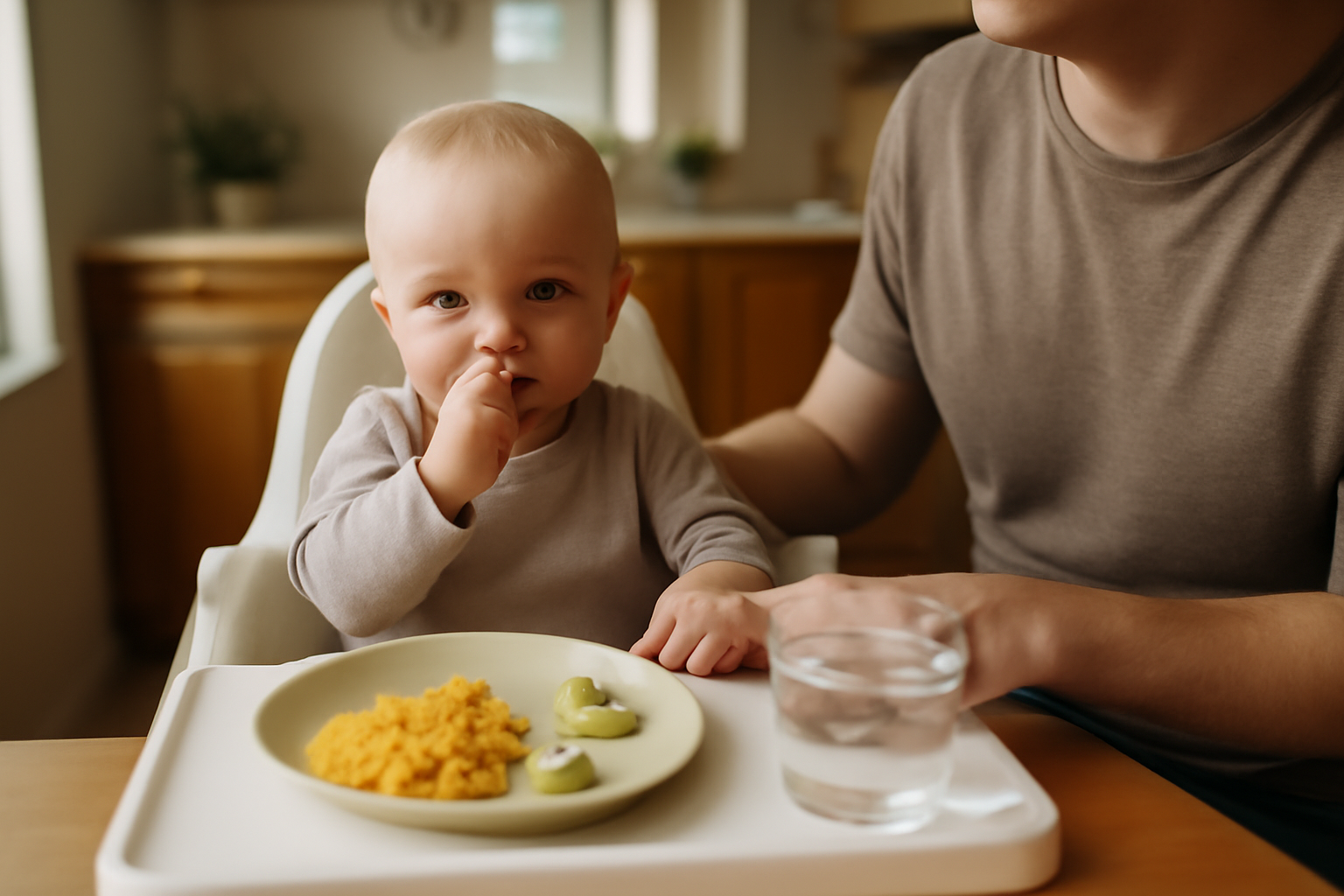 Bébé de 12 mois assis à table, aliments en petites portions, eau dans un verre