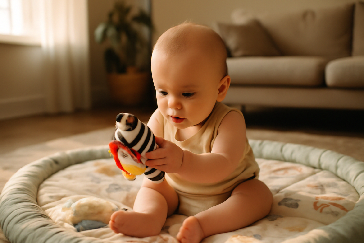 Bébé de 5 mois qui explore avec les mains, en journée, sur un tapis de jeu