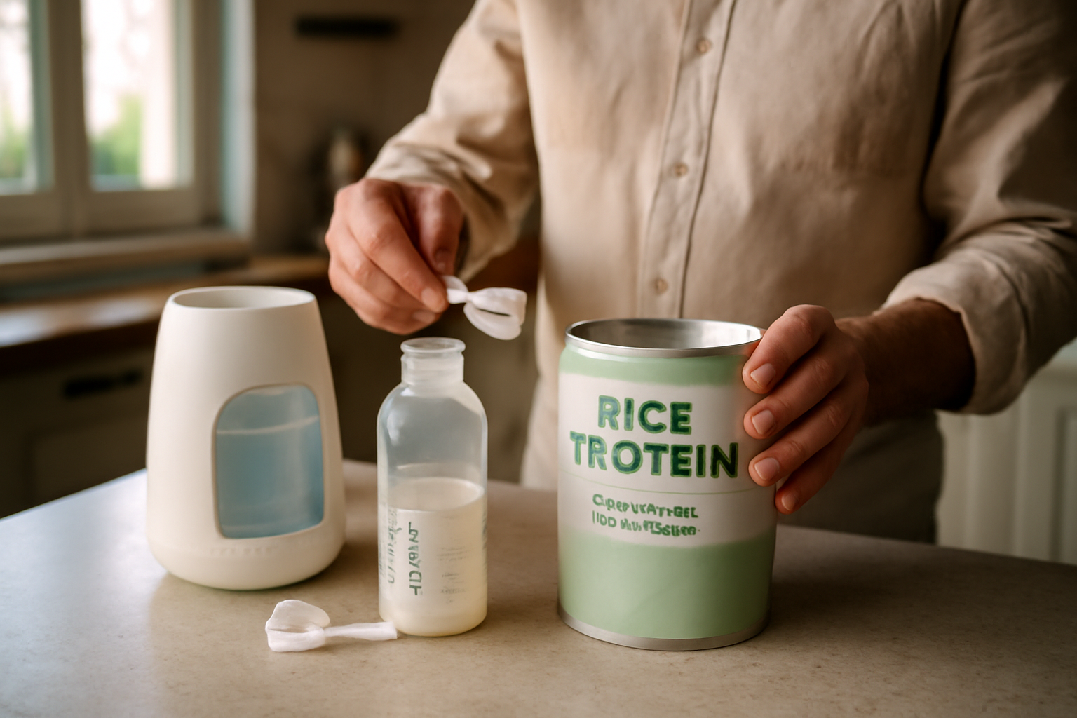 bebe lait de riz : biberon préparé avec une boîte de lait infantile à base de protéines de riz, cuisine familiale, lumière du matin