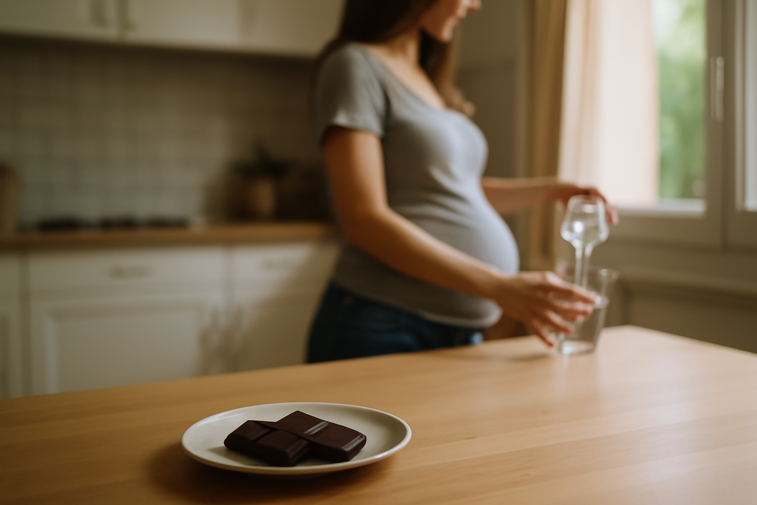 Chocolat enceinte : carrés de chocolat noir sur une table de cuisine, avec un verre d’eau et une grossesse au quotidien
