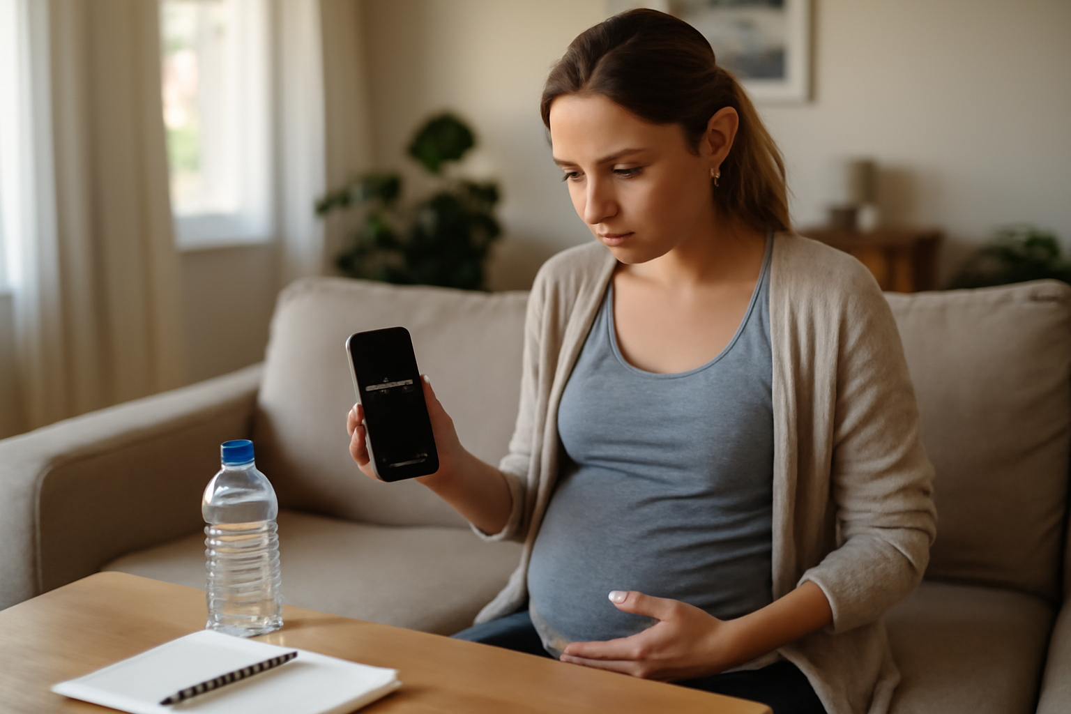 Contractions utérines : une future maman chronomètre ses contractions sur un téléphone, à la maison, lumière du matin