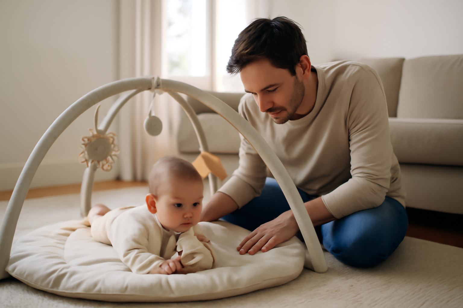 Coussin d activite bebe sur tapis d éveil, jouets fixés et bébé en position ventre à plat