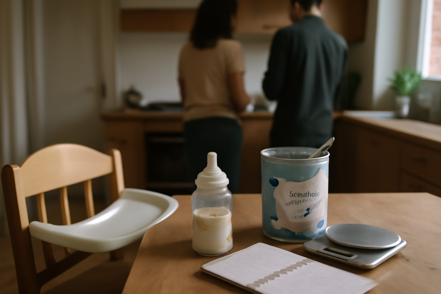 Biberon de lait deuxième âge sur une table près d’un carnet de suivi avec l’étiquette du produit