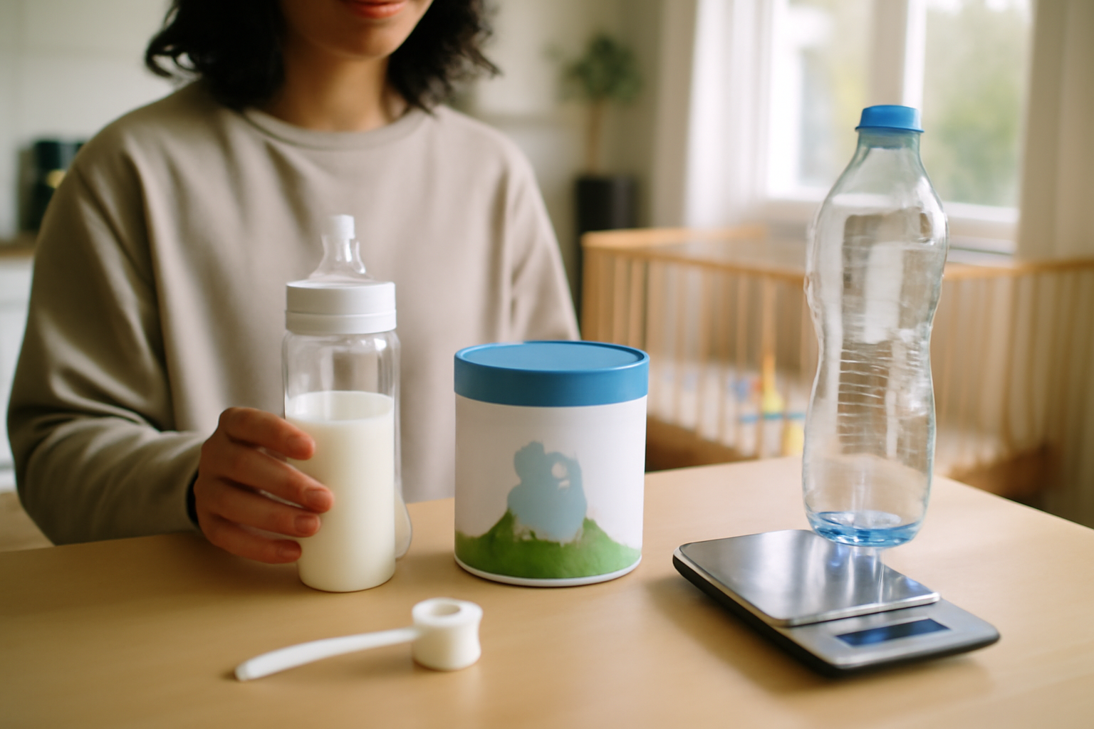 lait premier âge 0 à 6 mois sur une table, biberon prêt et étiquette lisible