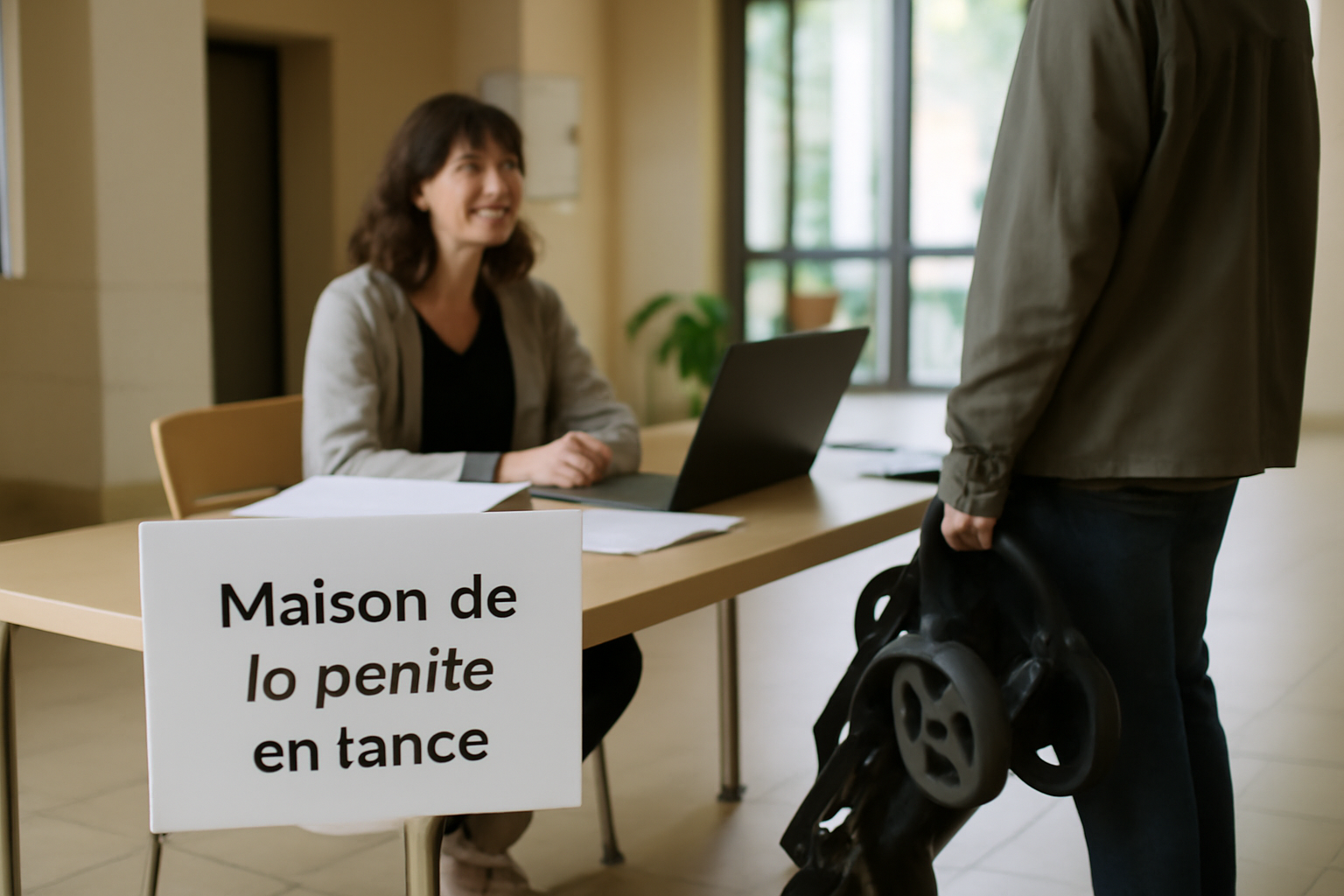 Maison de la petite enfance : accueil des familles avec un agent et des documents