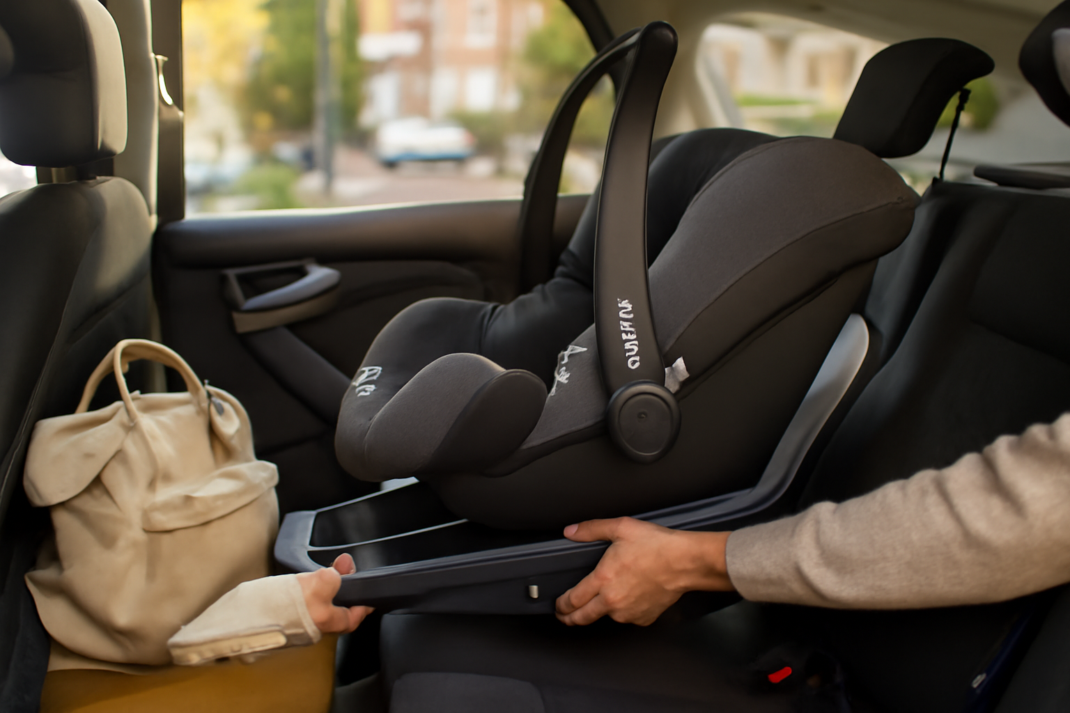 maxi cosi : siège auto i-Size avec fixation ISOFIX installée dans une voiture familiale, lumière naturelle