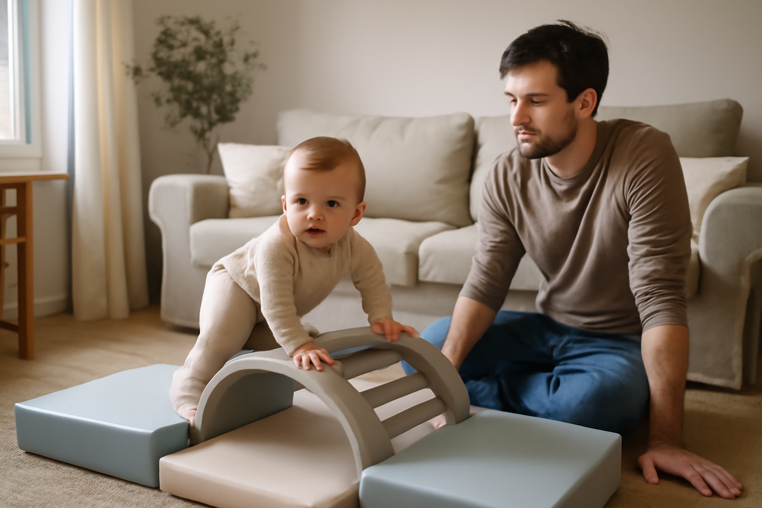 parcours motricité bébé avec modules antidérapants sur tapis épais dans un salon lumineux