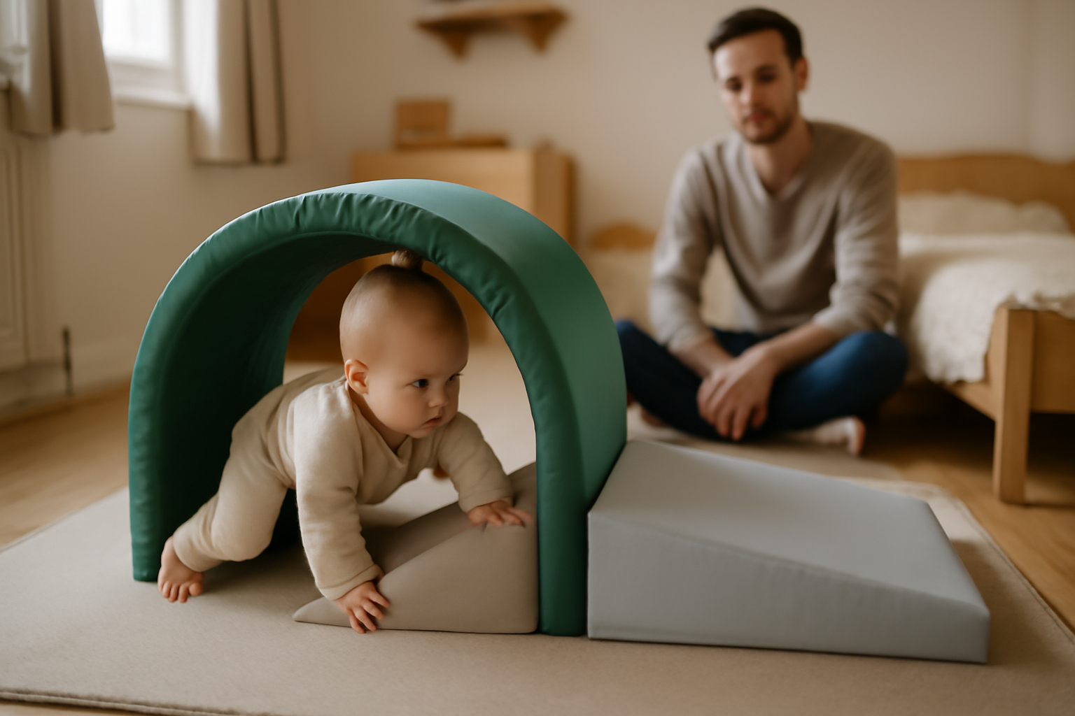bébé explore un parcours motricité bébé avec tunnels et zones d’appui sur tapis antidérapant