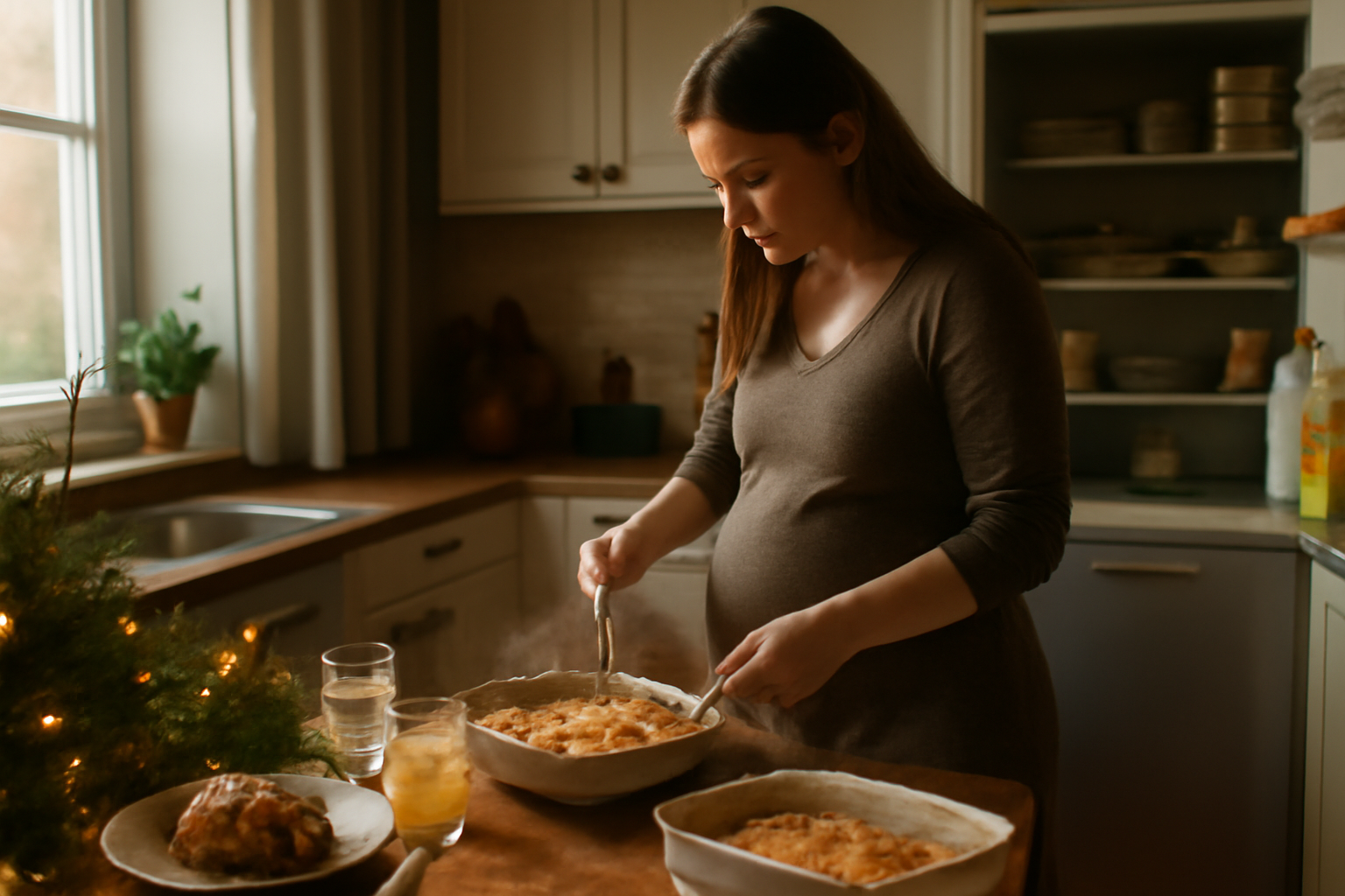 repas de Noël pour femme enceinte sur table dressée, plats chauds et boissons sans alcool