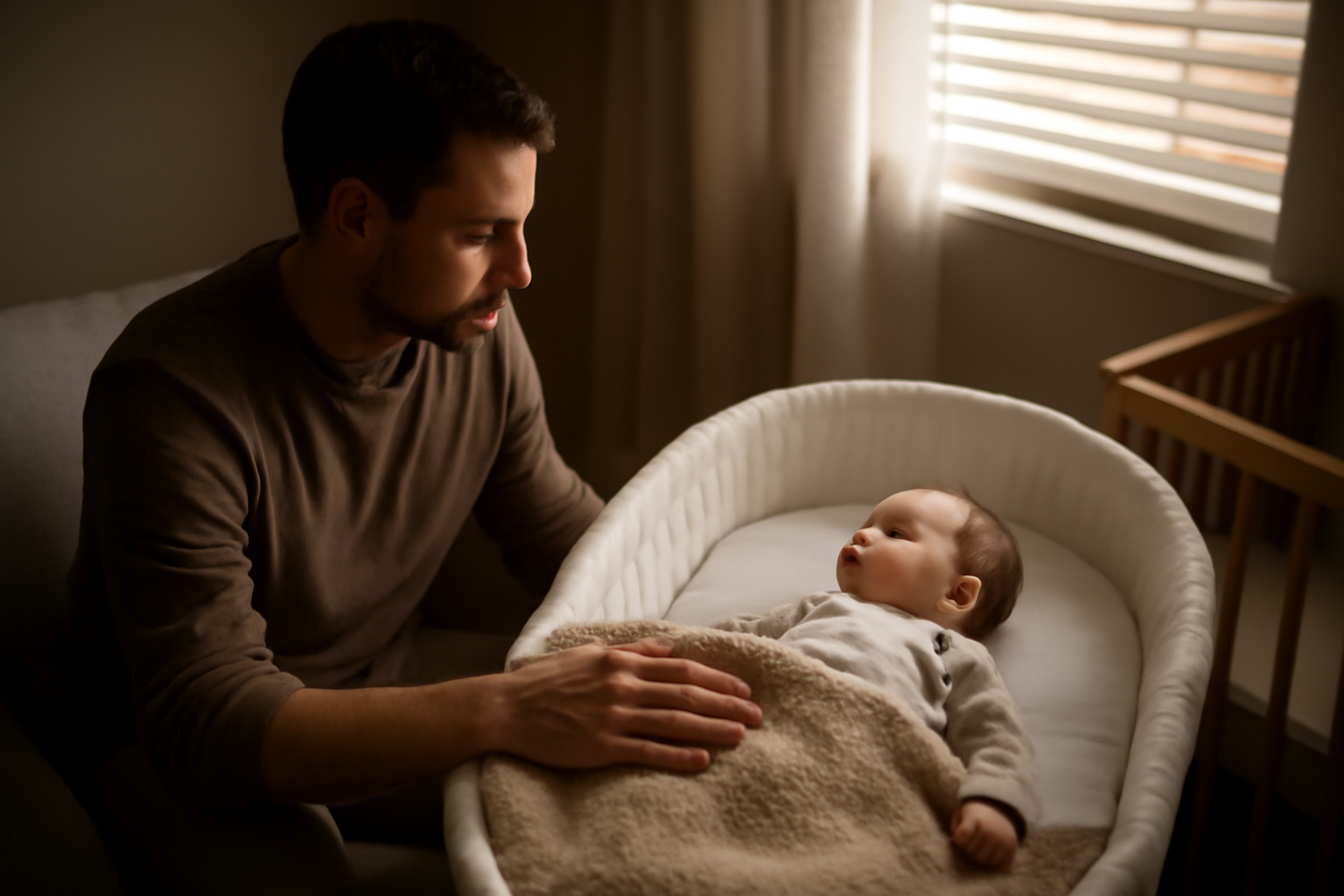 sieste des bébés : un bébé endormi dans un couffin, lumière tamisée