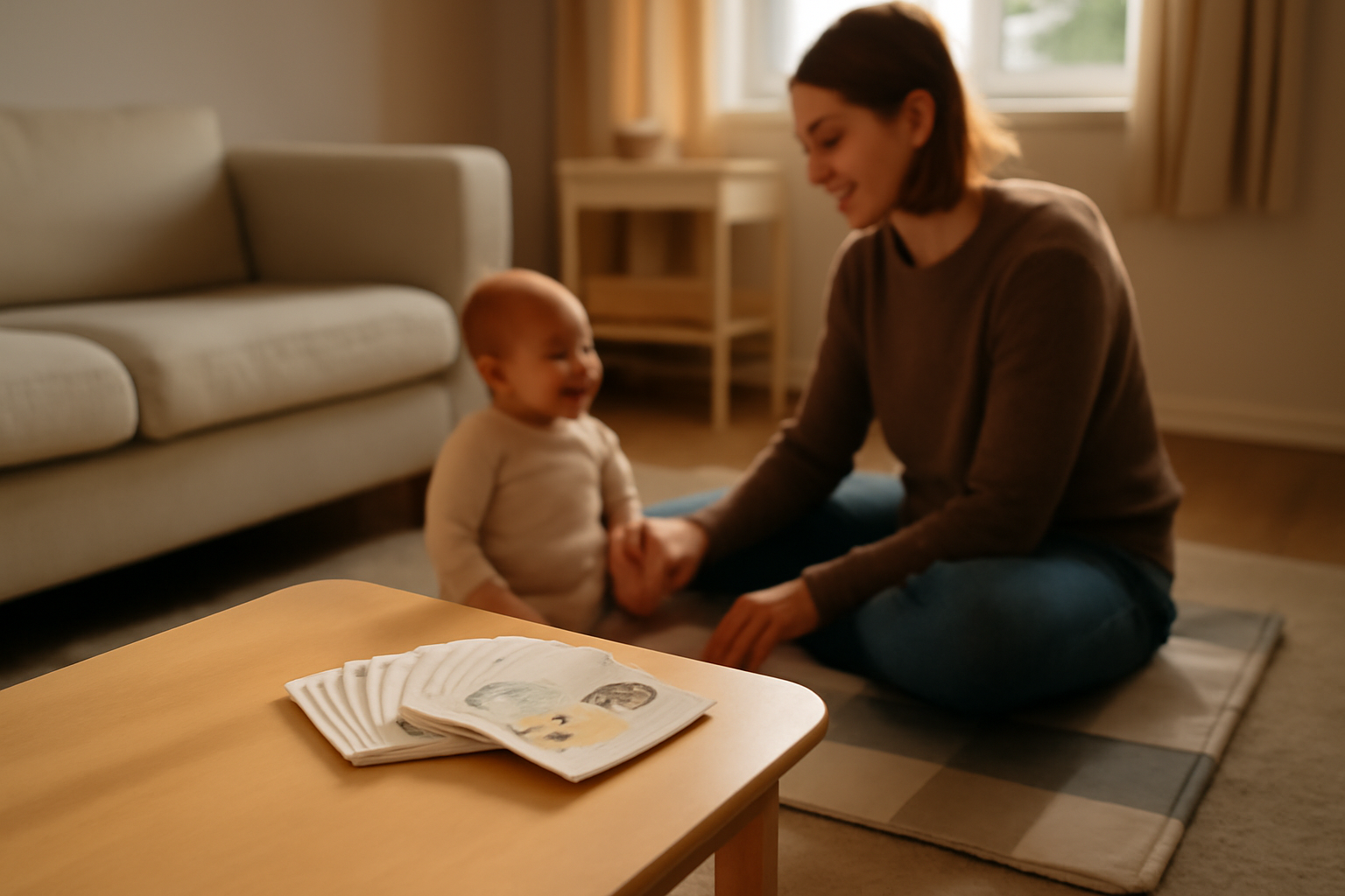 Cartes pour signer avec bébé près du plan à langer, ambiance maison, lumière douce