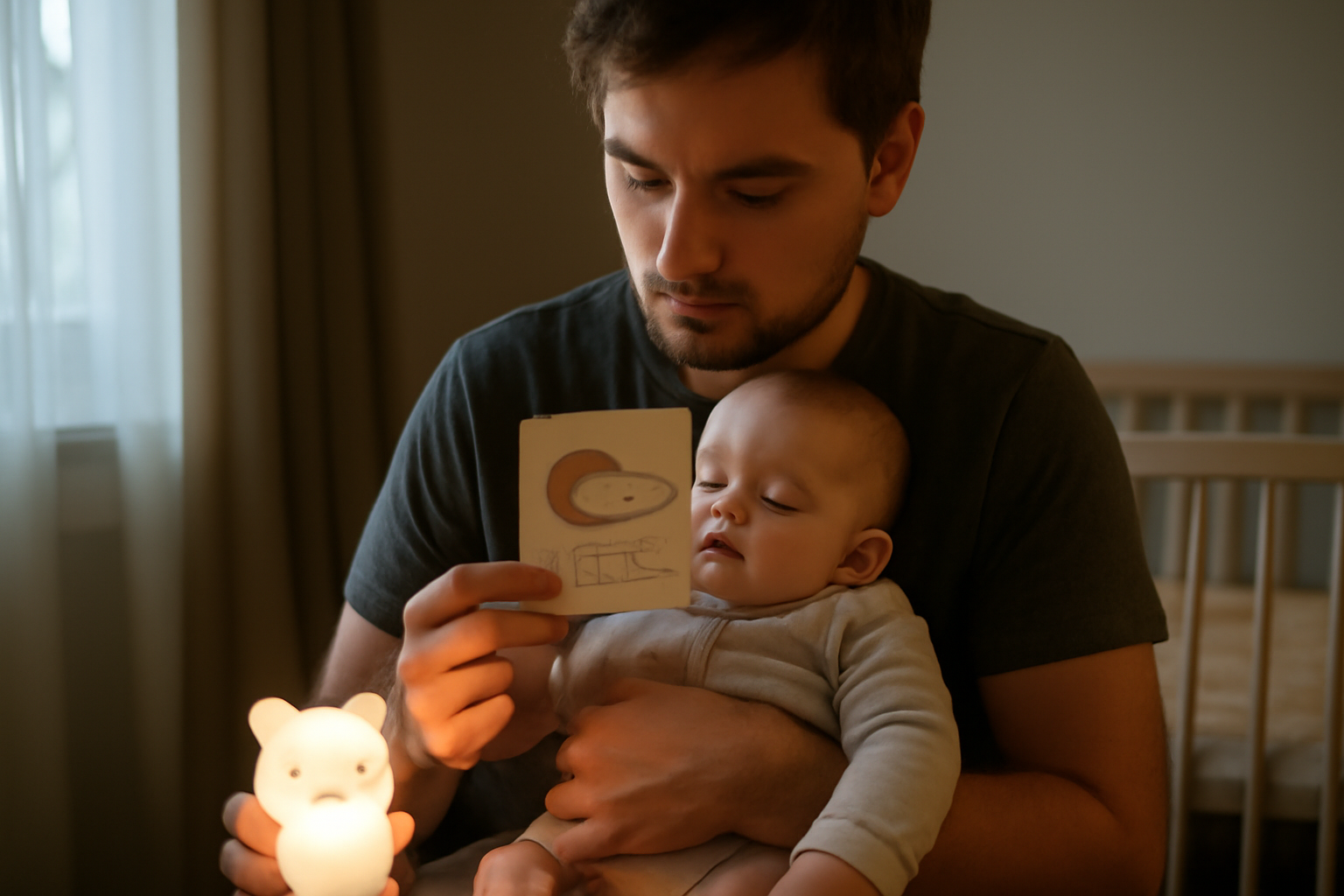 Parent montrant une carte “dormir” pour signer avec bébé avant la sieste, chambre avec veilleuse