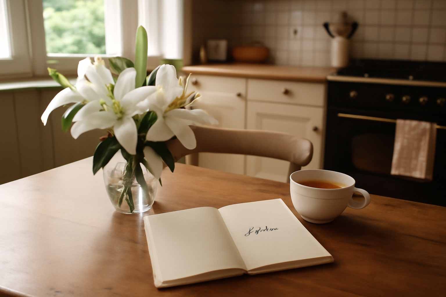 Photo réaliste d’un bouquet de lys et d’un carnet de prénoms, pour illustrer la signification lilou