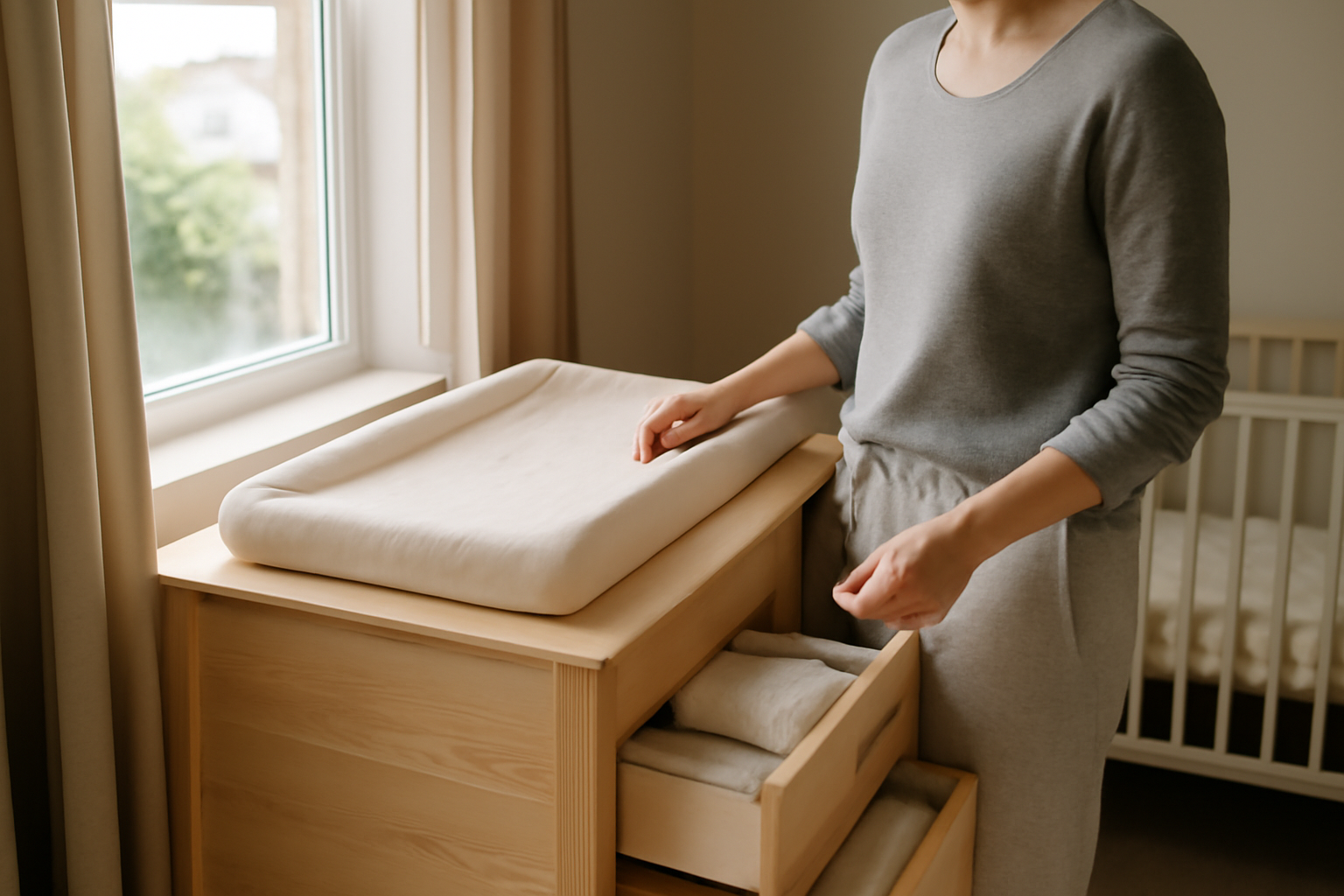 table a langer en bois avec matelas à langer, accessoires rangés, chambre de bébé lumineuse