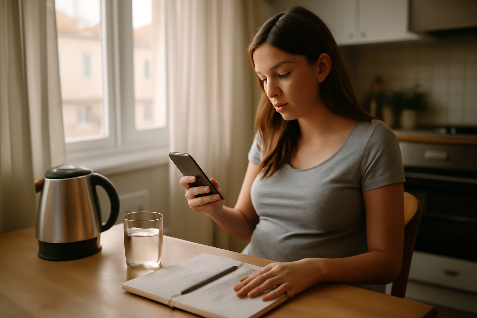 truc de grand-mère pour savoir quand on va accoucher : femme enceinte chronomètre des contractions près d’un carnet dans la cuisine, ambiance réaliste