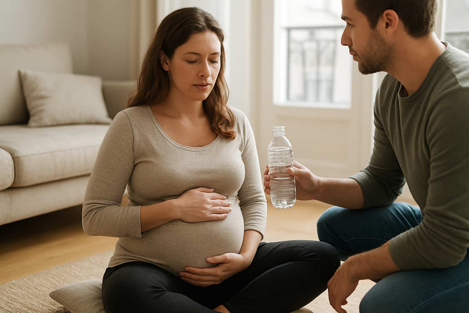 femme enceinte réalisant des exercices de respiration et de mobilité du bassin dans un salon lumineux