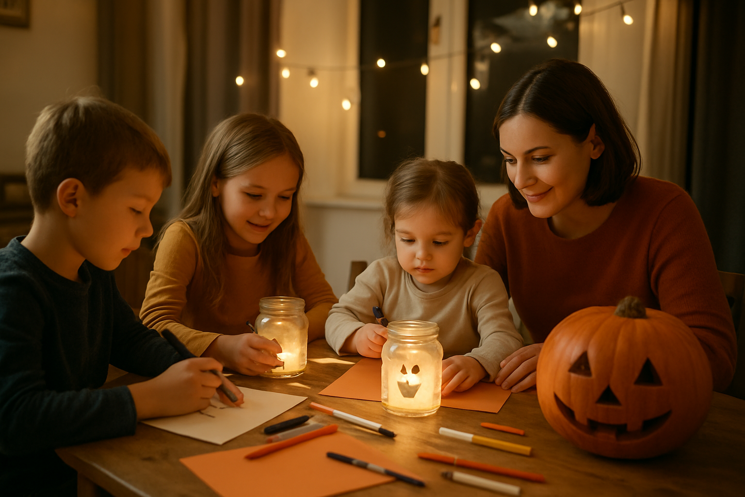Activités pour Halloween en famille : enfants en atelier DIY près d’une table avec citrouilles et lanternes