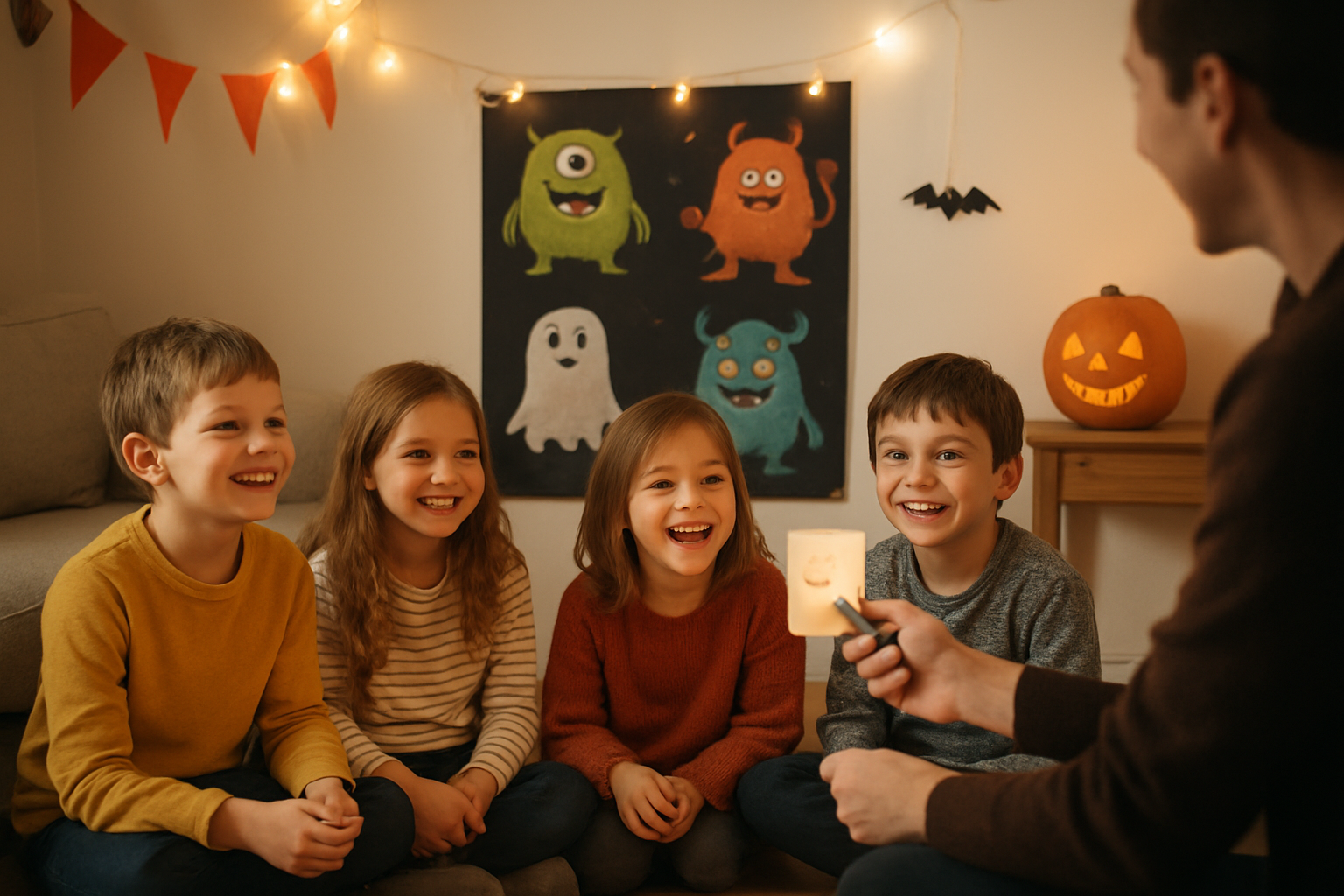 Jeu de quizz Halloween en famille : enfants devant une feuille d’images de monstres et un parent avec lampe torche