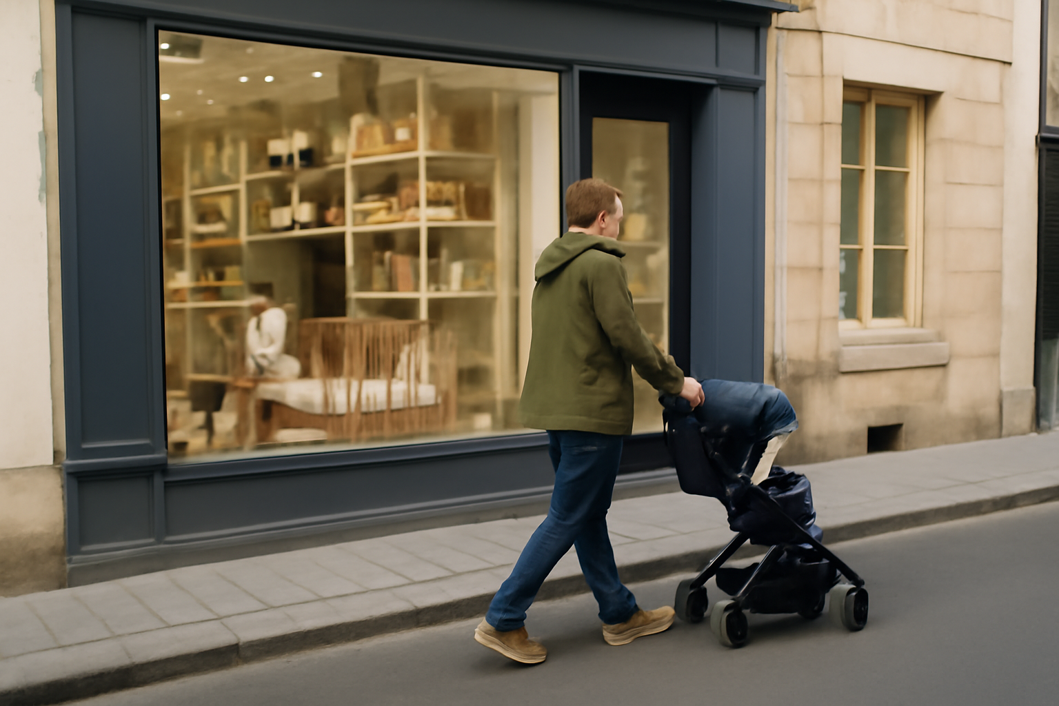 Entrée du magasin Aubert à Vannes avec un parent et une poussette