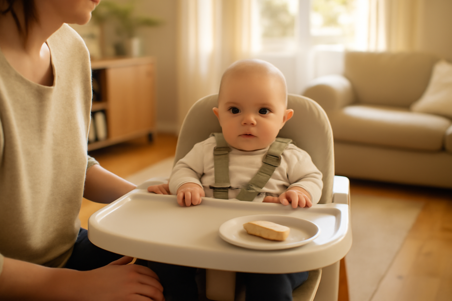 Boudoir bébé 6 mois sur une table, bébé assis et adulte qui surveille