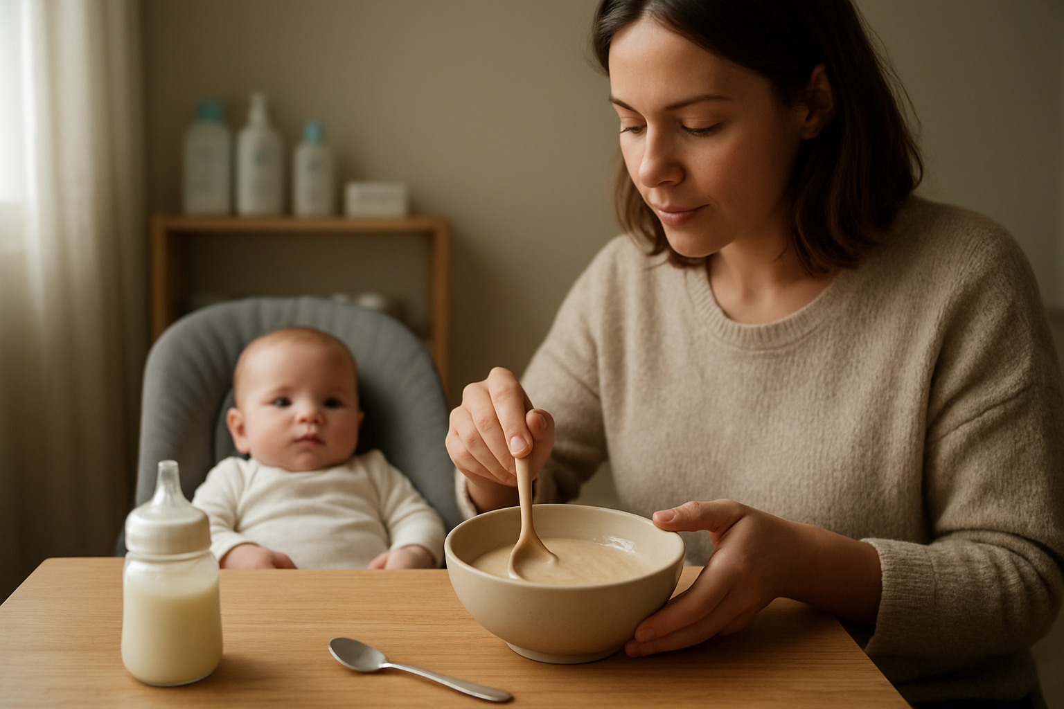 Bébé de 4 mois à la cuillère avec une préparation de céréales infantiles dans une cuisine familiale, lumière du matin