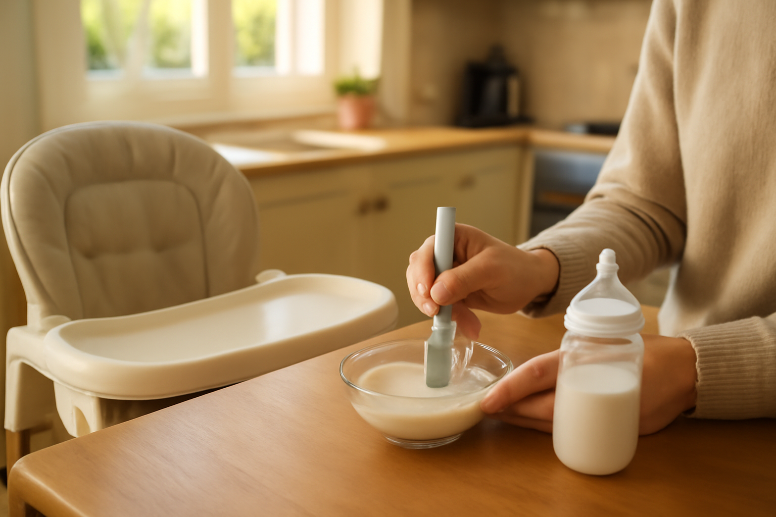 Cereale 4 mois : bol de céréales pour bébé, cuillère et biberon sur table près de la chaise haute