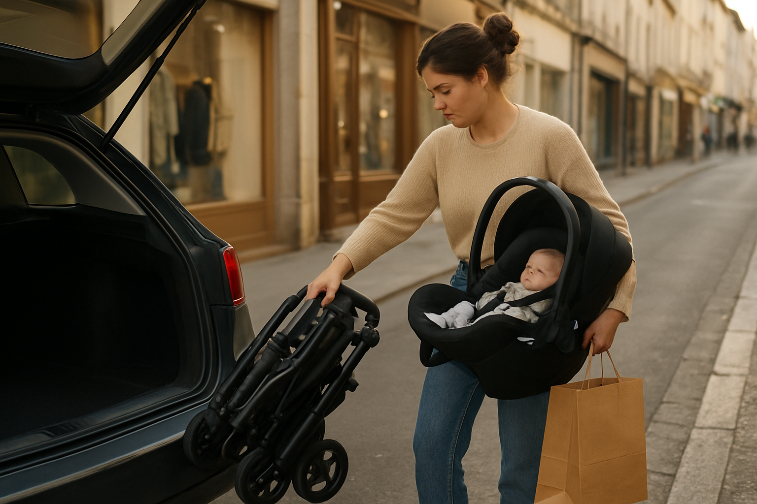 Poussette compacte Cybex Coya dans une rue de ville, pliée pour monter dans un coffre