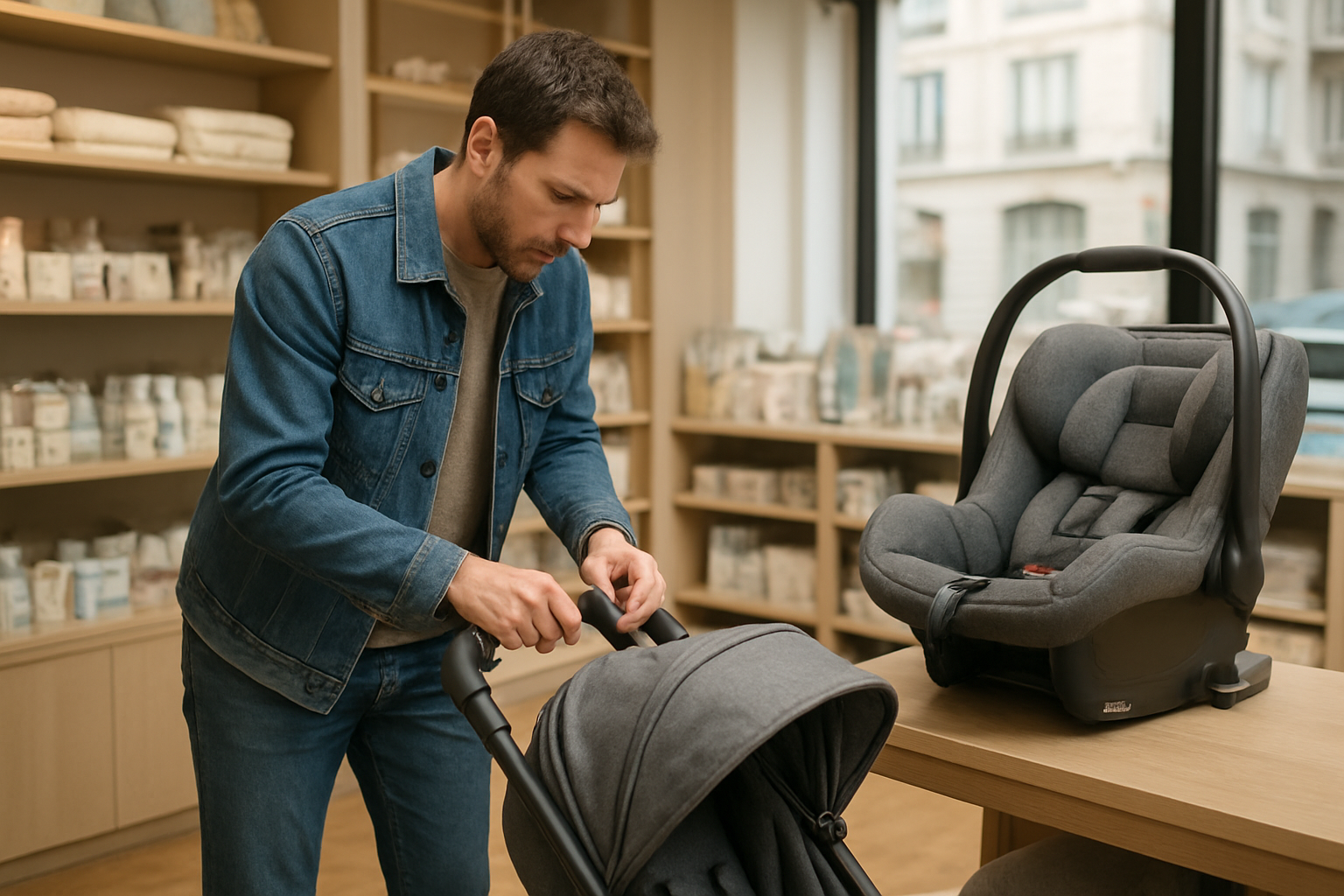 Poussette et siège auto Cybex comparés en magasin, avec un parent vérifiant le pliage et l’installation Isofix