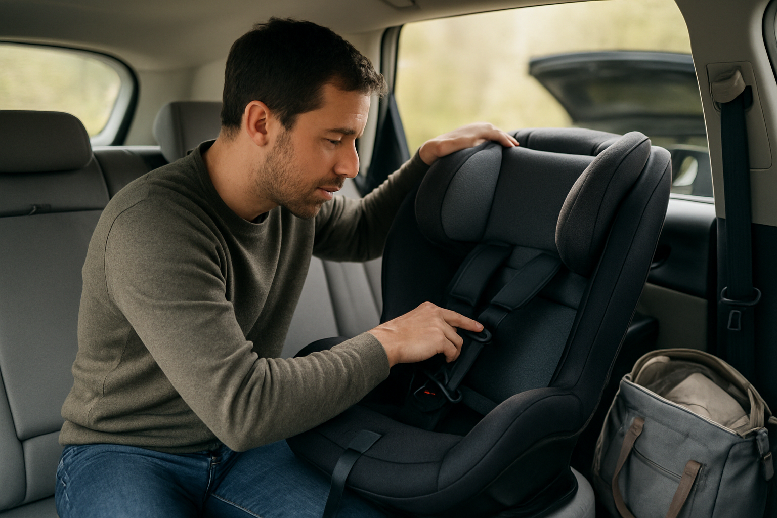 Parent ajustant l’appui-tête et le harnais d’un siège auto Cybex sur banquette arrière