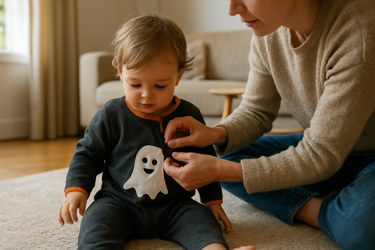 Enfant de 2 ans portant une barboteuse Halloween à velcro, test en intérieur avec un parent