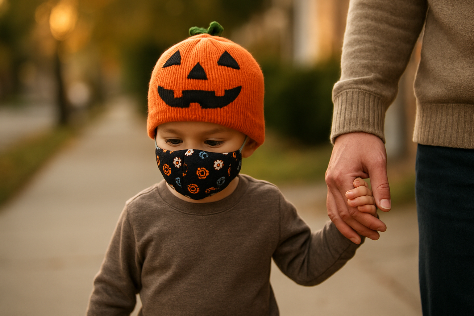 Parent vérifiant la stabilité d’un bonnet masque intégré pour déguisement Halloween 2 ans