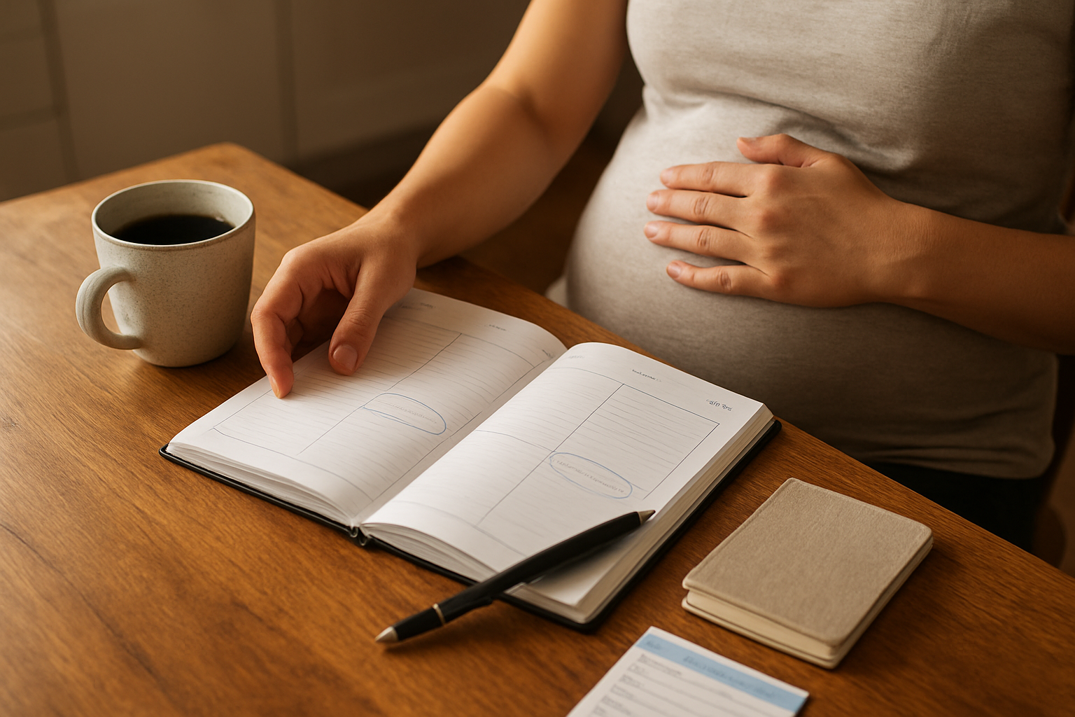 Calendrier des examens obligatoires grossesse sur un agenda avec rendez-vous notés, à la maison