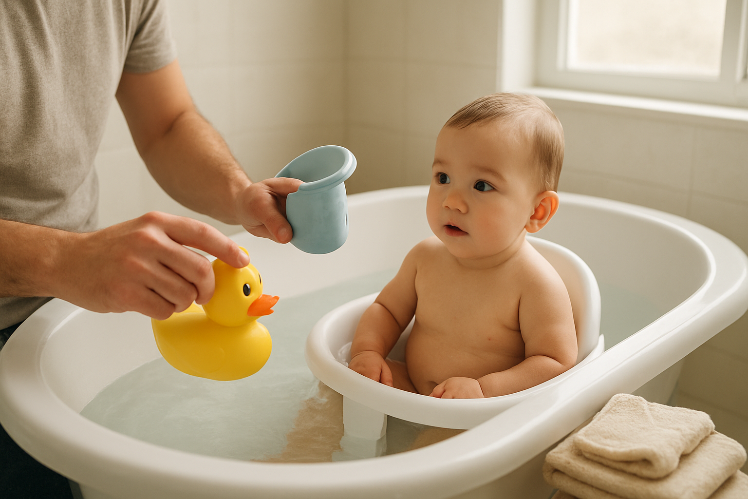 Jouet de bain flottant et arroseur simple dans une baignoire familiale, bébé assis avec aide parentale