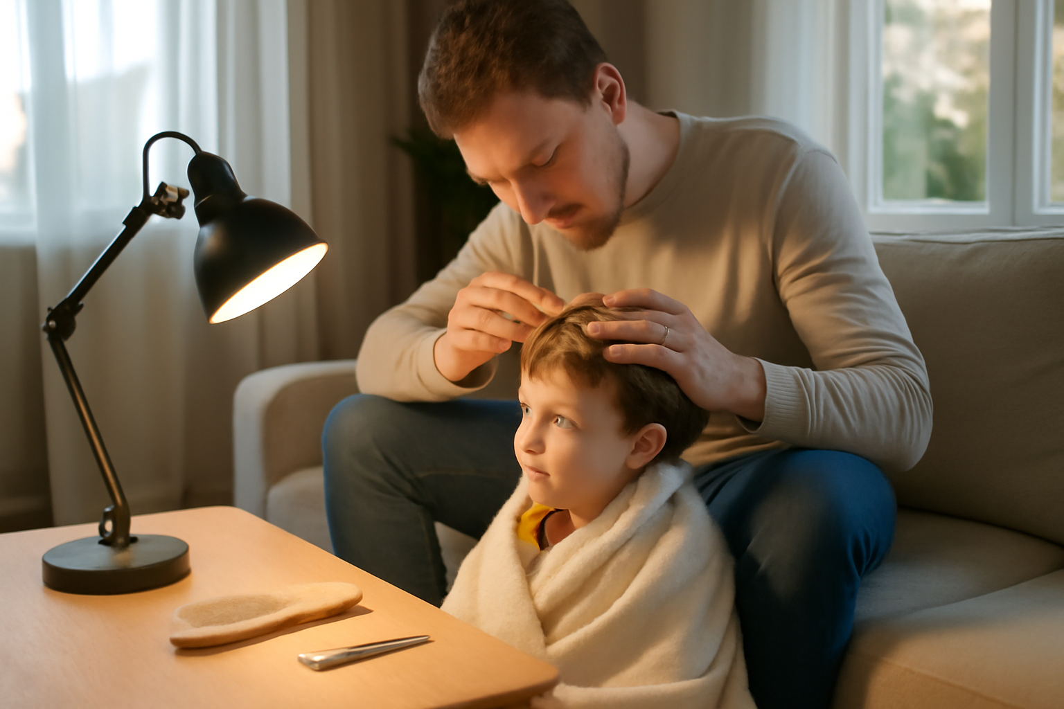 Quiz pour enfants adieulespoux.com : parent vérifiant les cheveux de l’enfant à la lumière du salon
