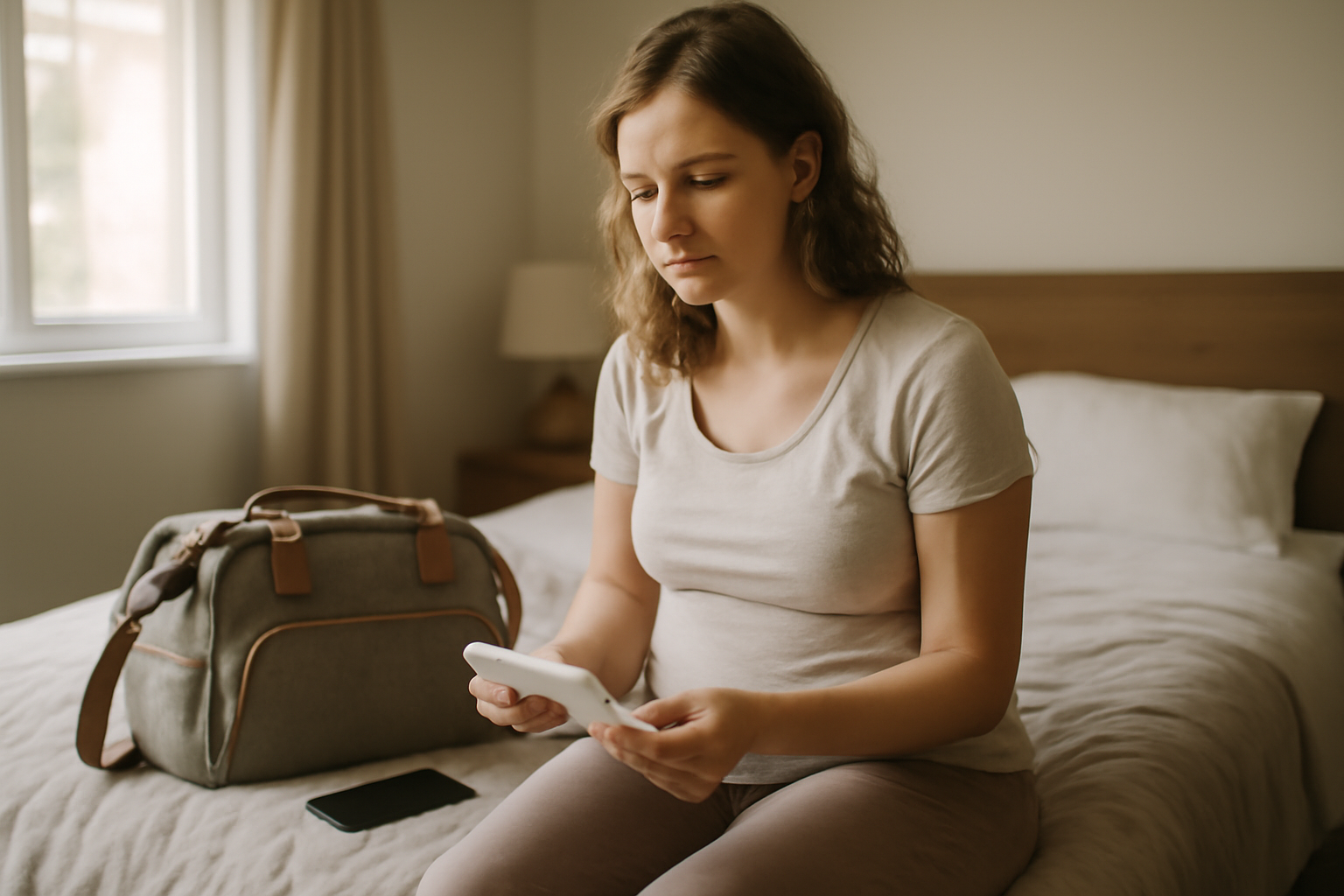 Rupture poche des eaux : une femme enceinte observe une serviette hygiénique près du lit, lumière naturelle, ambiance rassurante