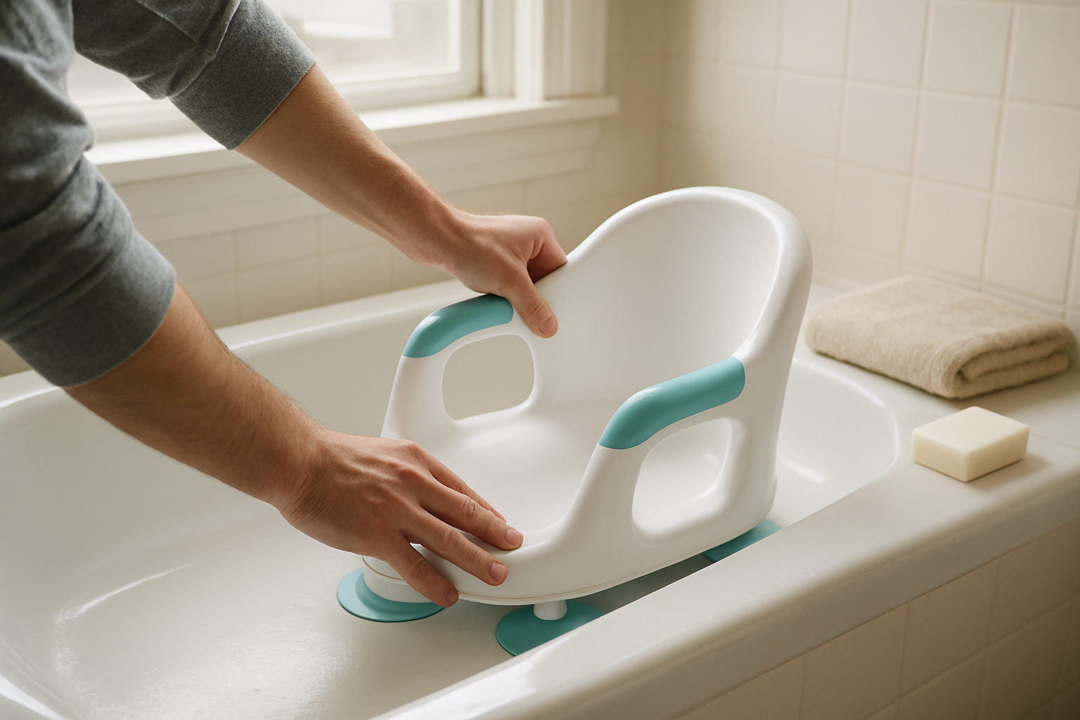 Siège bébé pour baignoire avec ventouses sur baignoire propre et sèche, test de stabilité avant le bain
