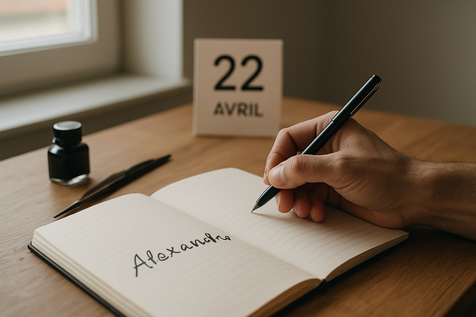 photo réaliste d’un carnet de naissance avec le prénom Alexandre écrit à la main, à côté d’un petit carnet de notes et d’une feuille de calendrier du 22 avril
