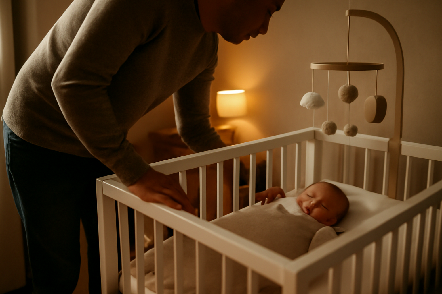 Sommeil bébé : parent qui observe un réveil léger dans la chambre, lumière basse