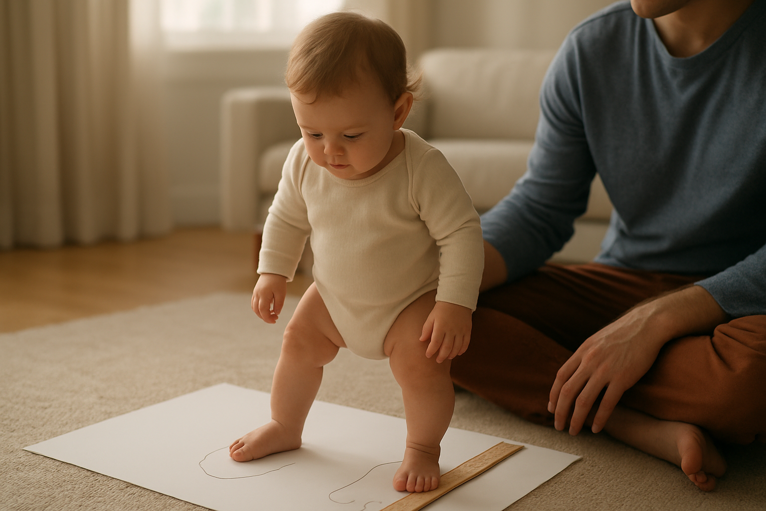 Mesurer la longueur du pied en cm avec une feuille et une règle, pour choisir la taille de chaussures de bébé