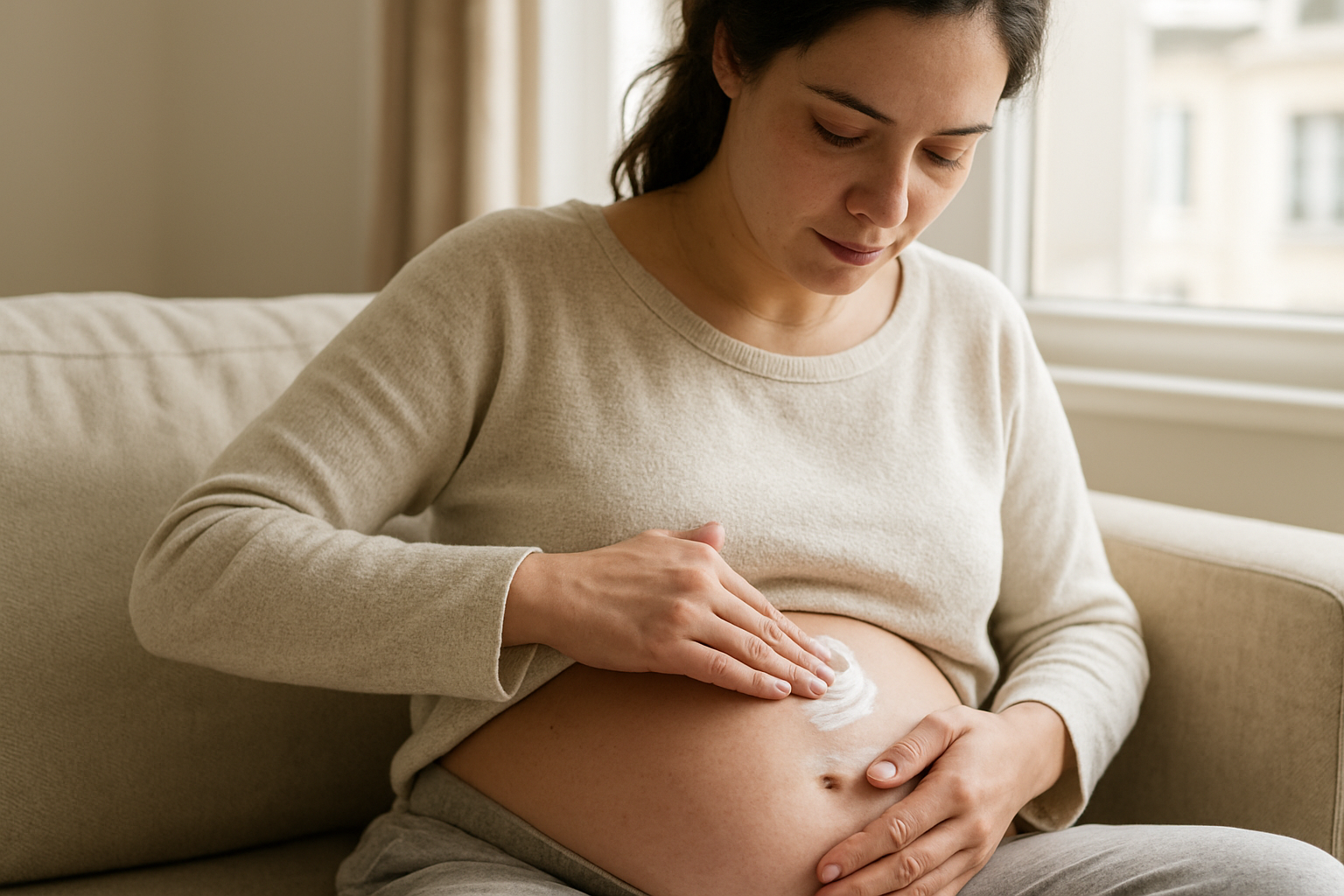 Peau du ventre post-partum avec vergetures et crème hydratante appliquée en lumière naturelle