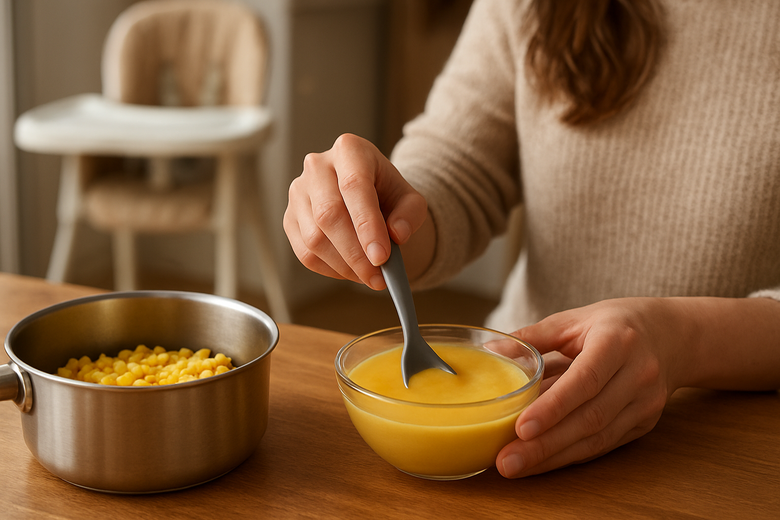 Préparation d’une purée de maïs très lisse pour bébé sur une table de cuisine, cuillère et petit bol