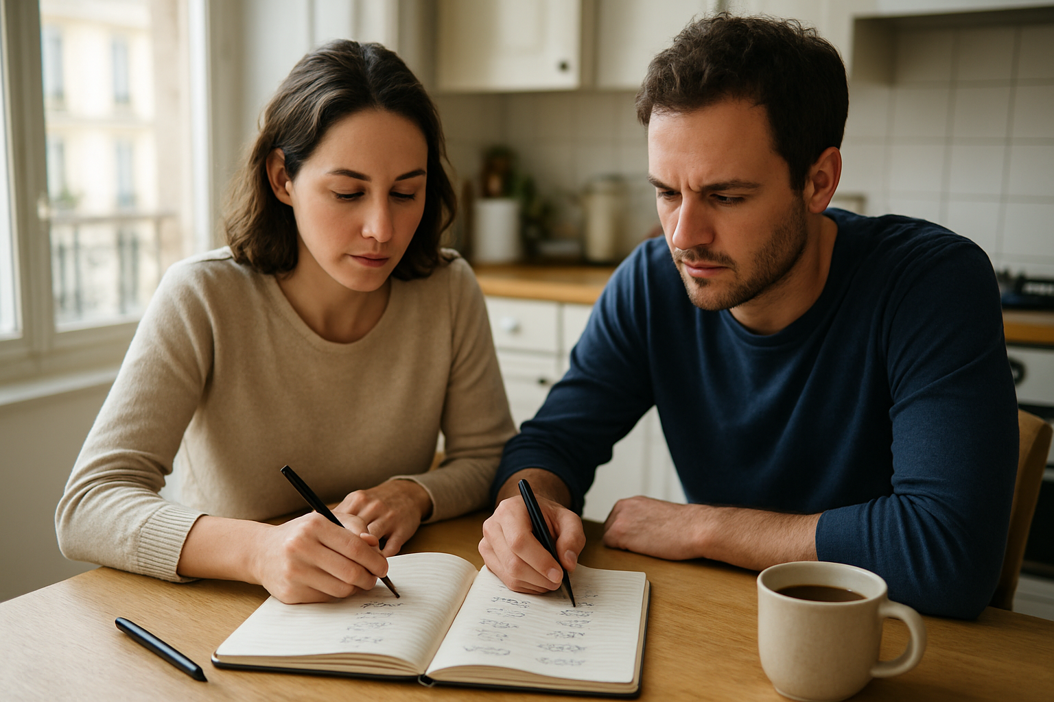 Famille en cuisine discutant de prénoms originaux pour leur bébé, carnet ouvert et stylos