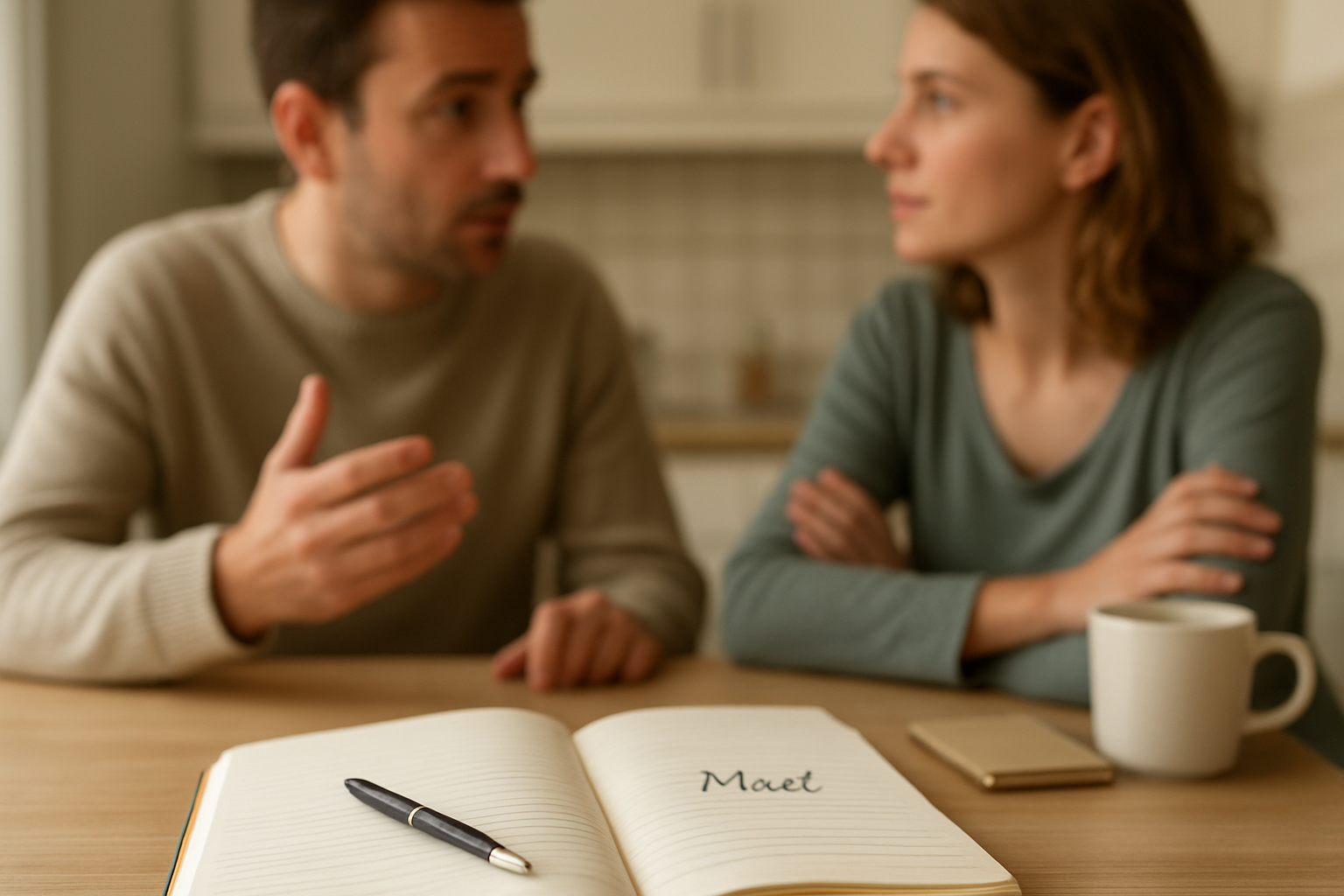 Photo réaliste d’un couple à la table de cuisine, carnet de prénoms ouvert avec « Maël », lumière du matin, ambiance quotidienne en France