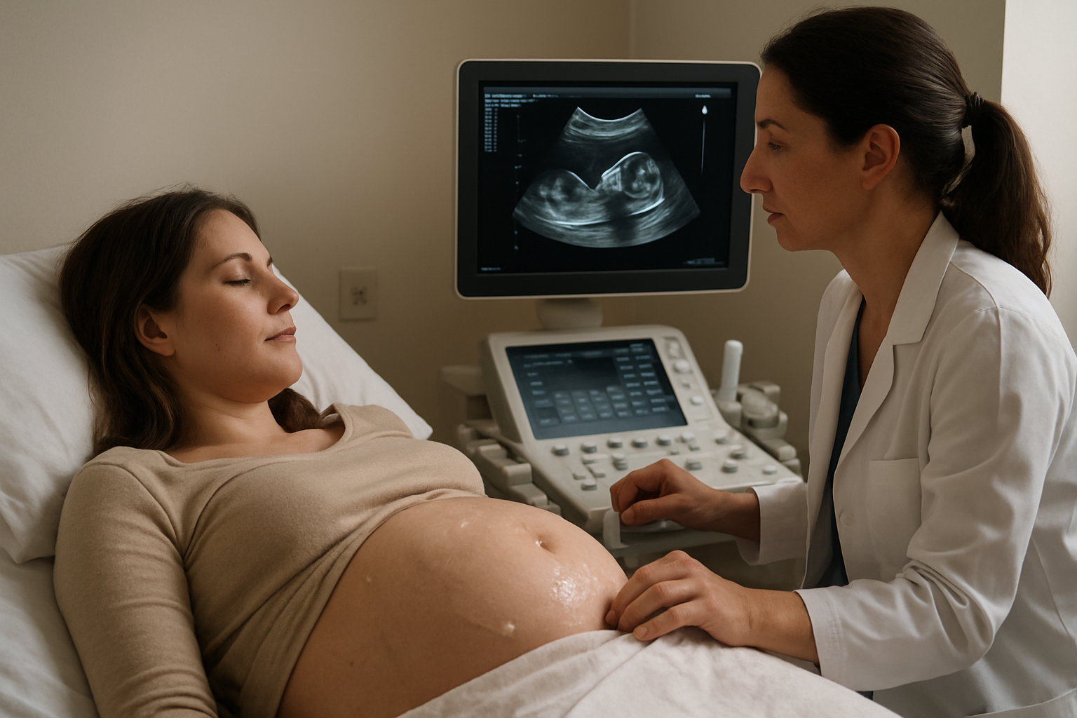 Échographie obstétricale montrant une image de bébé à l’écran, médecin et future maman en salle de consultation