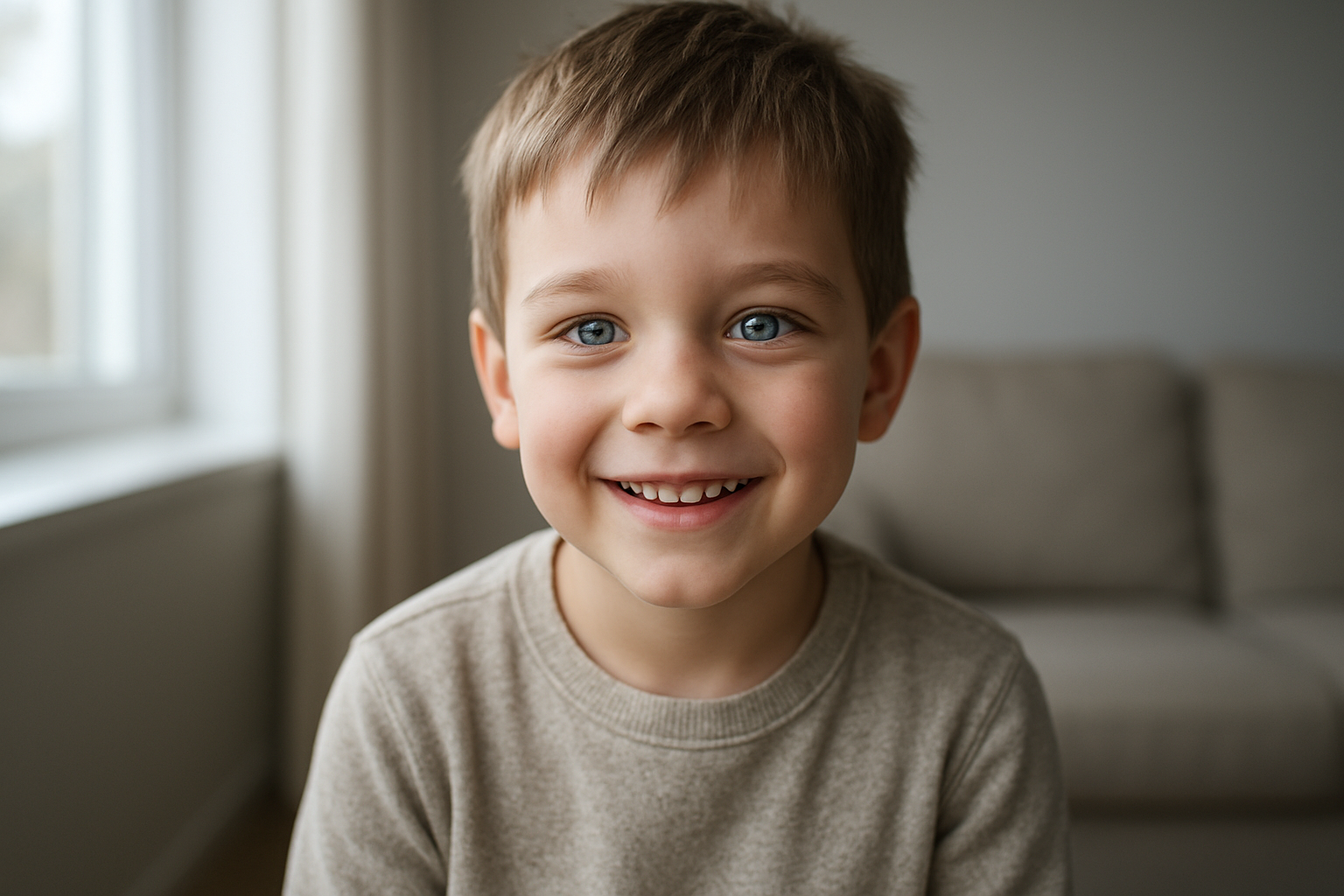 Gros plan d’un enfant aux yeux bleus foncés près d’une fenêtre, lumière naturelle douce