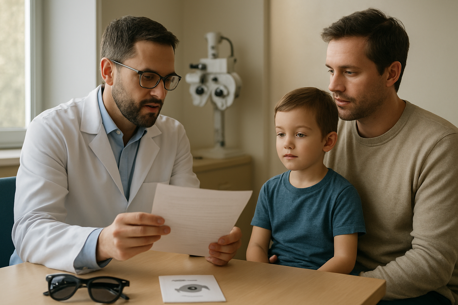 Adulte et enfant discutant avec un ophtalmologue, protection UV et lumière naturelle